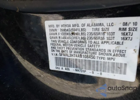 2010 Honda Odyssey Ex-L z USA, uszkodzony, nr VIN 5FNRL3H74AB108450